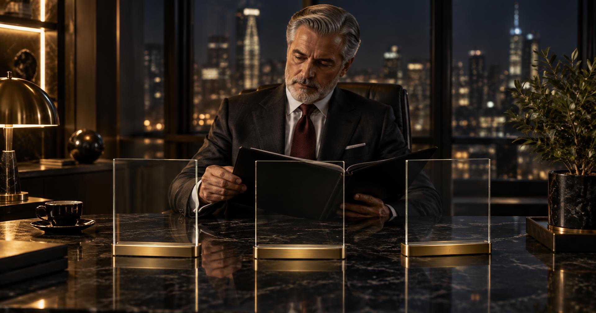 A business owner reviewing a folio at a marble desk in a night-time executive office